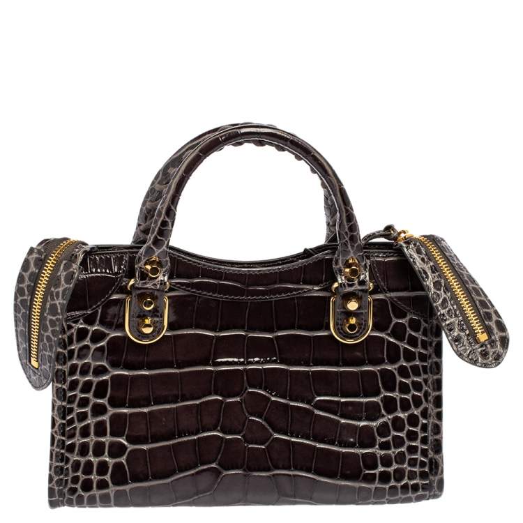 Pre Owned Balenciaga Black Croc Embossed Leather Mini Classic Metallic Edge City Tote