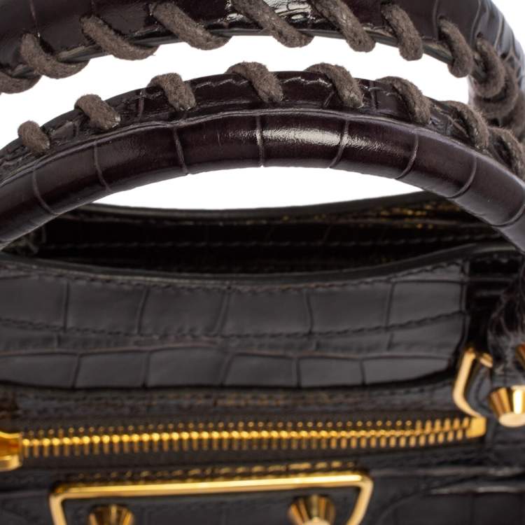 Pre Owned Balenciaga Black Croc Embossed Leather Mini Classic Metallic Edge City Tote