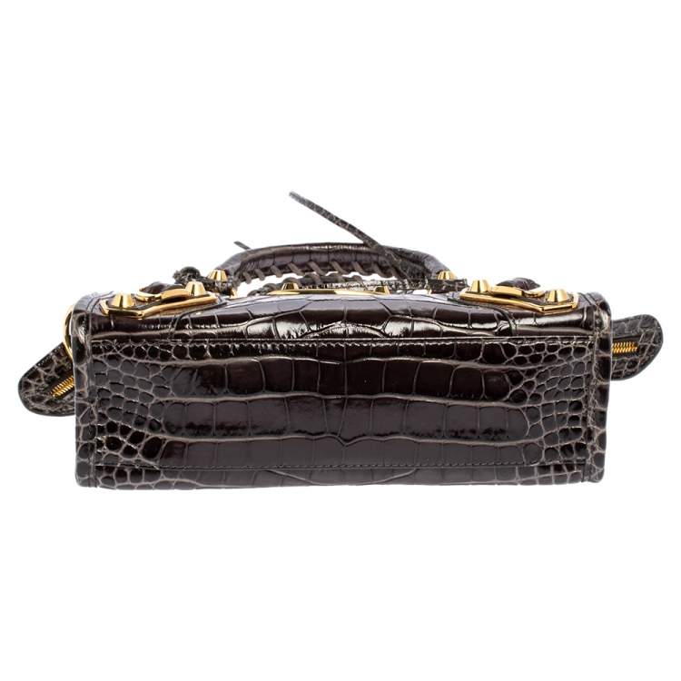 Pre Owned Balenciaga Black Croc Embossed Leather Mini Classic Metallic Edge City Tote