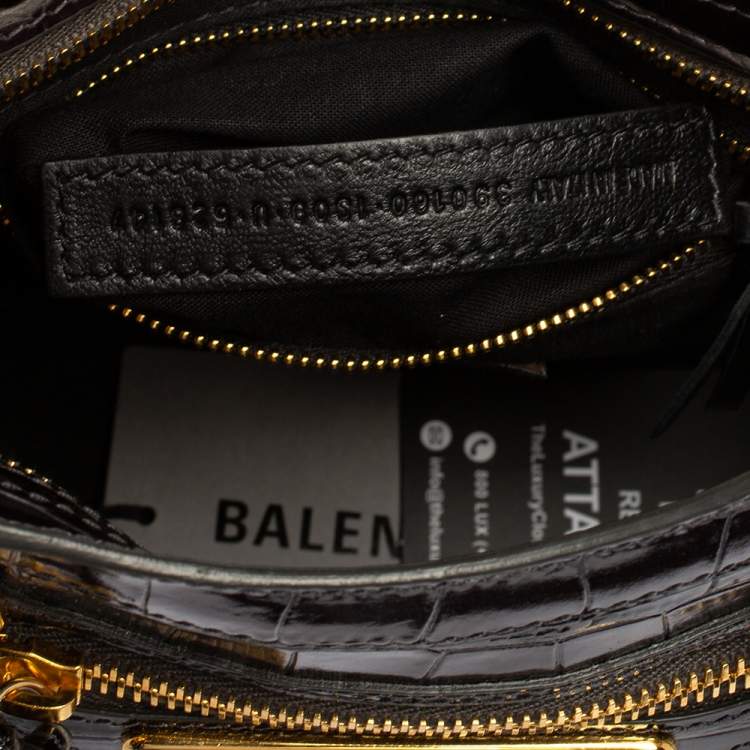 Pre Owned Balenciaga Black Croc Embossed Leather Mini Classic Metallic Edge City Tote