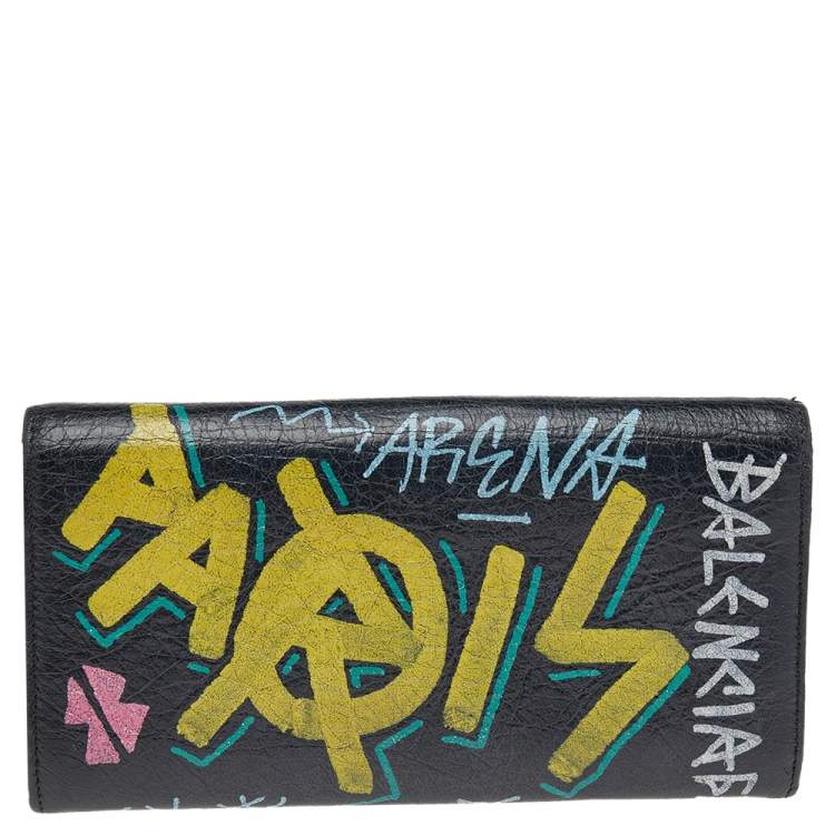 Pre Owned Balenciaga Multicolor Graffiti  Print Leather Classic Money RH Continental Wallet