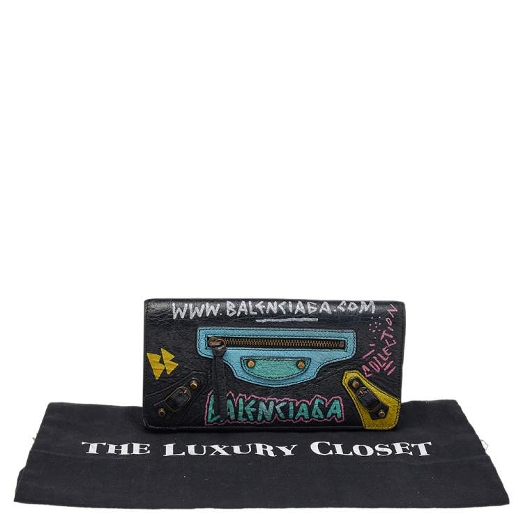 Pre Owned Balenciaga Multicolor Graffiti  Print Leather Classic Money RH Continental Wallet