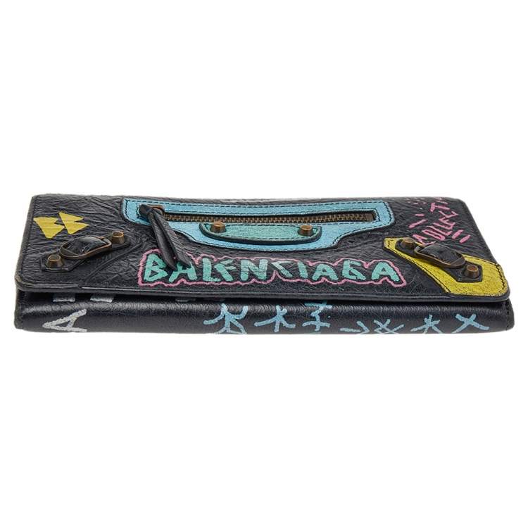 Pre Owned Balenciaga Multicolor Graffiti  Print Leather Classic Money RH Continental Wallet