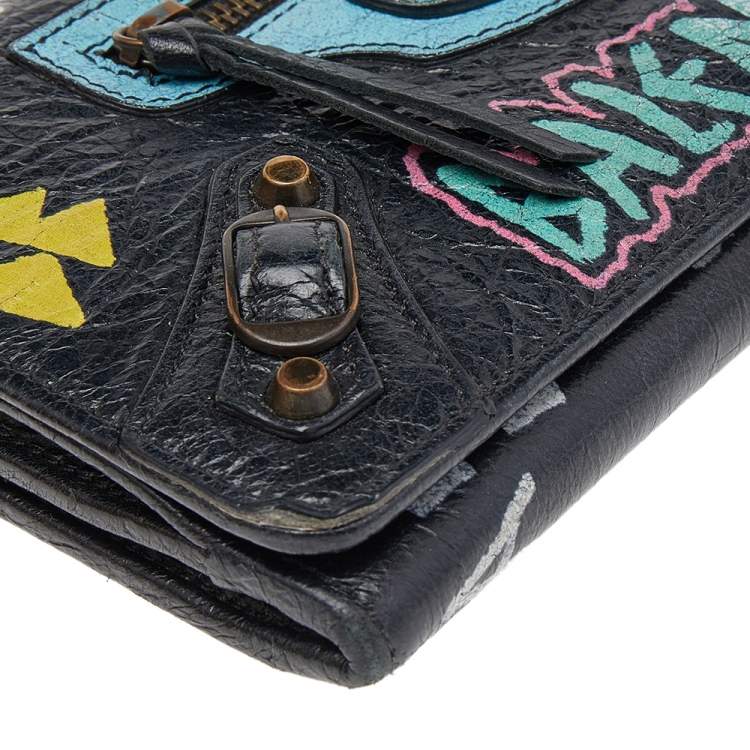 Pre Owned Balenciaga Multicolor Graffiti  Print Leather Classic Money RH Continental Wallet