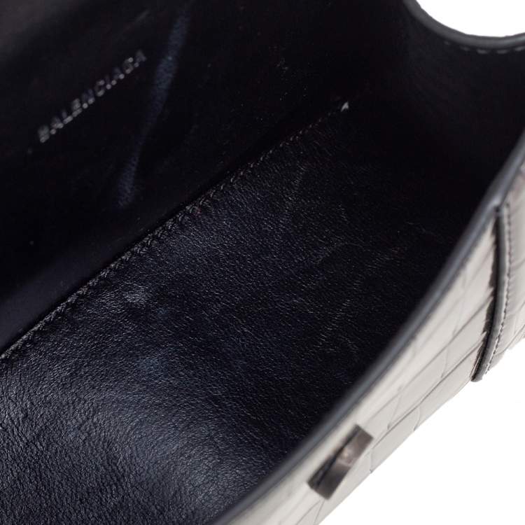 Pre Owned Balenciaga Dark Grey Croc Embossed Mirrored Leather Small Hourglass Top Handle Bag