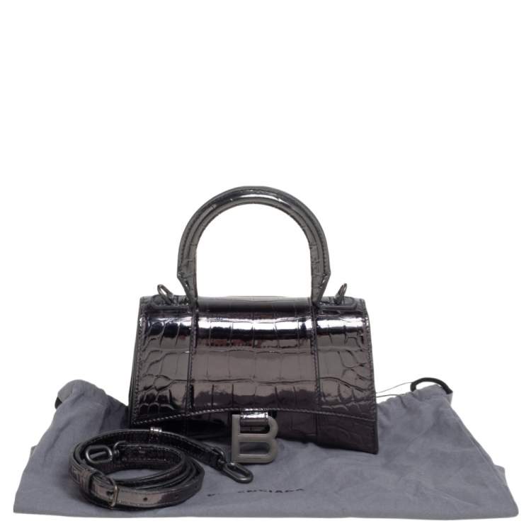 Pre Owned Balenciaga Dark Grey Croc Embossed Mirrored Leather Small Hourglass Top Handle Bag