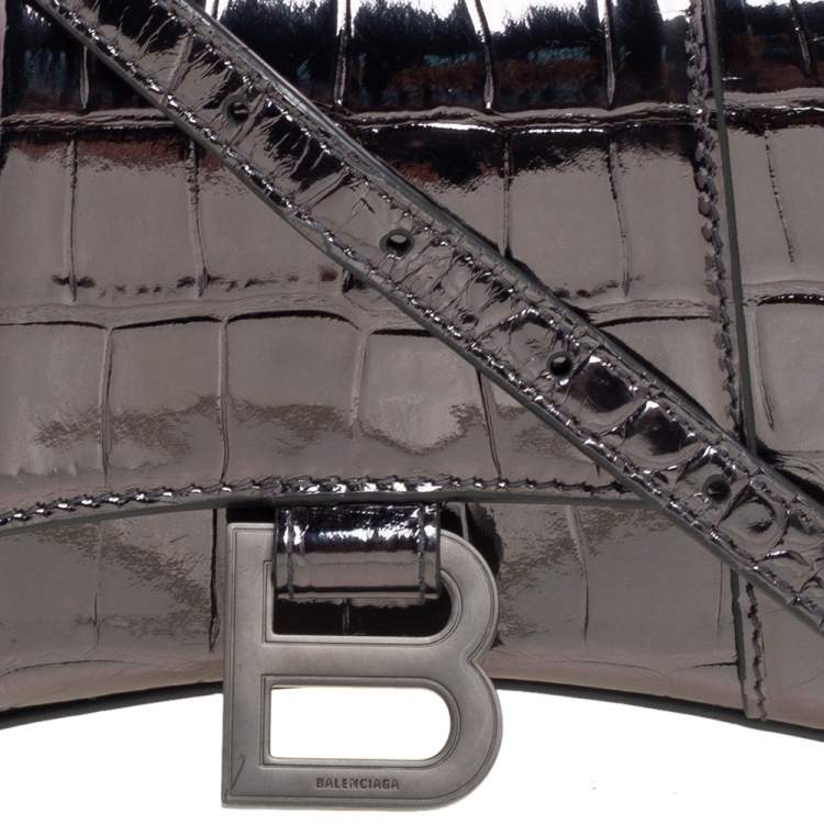 Pre Owned Balenciaga Dark Grey Croc Embossed Mirrored Leather Small Hourglass Top Handle Bag