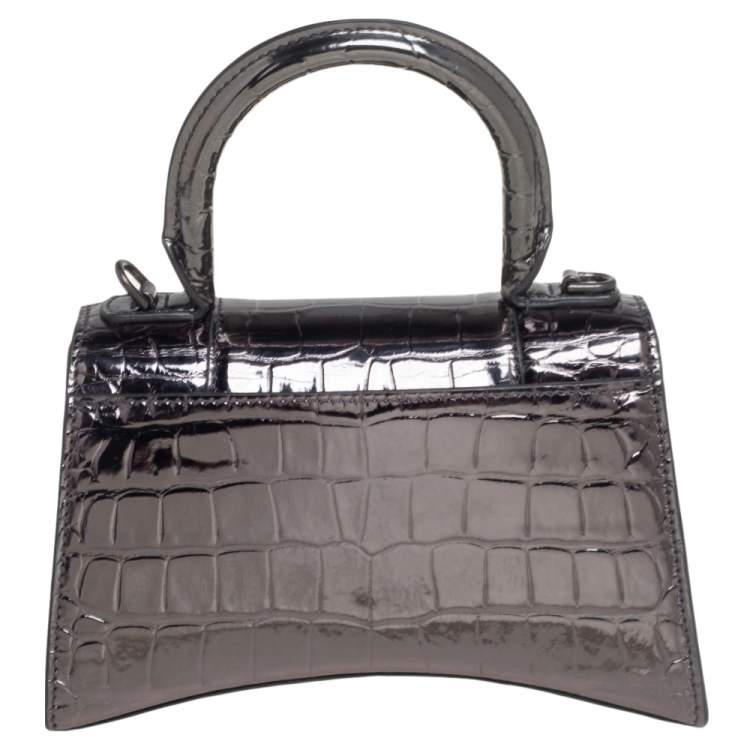 Pre Owned Balenciaga Dark Grey Croc Embossed Mirrored Leather Small Hourglass Top Handle Bag