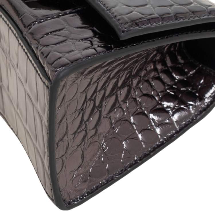 Pre Owned Balenciaga Dark Grey Croc Embossed Mirrored Leather Small Hourglass Top Handle Bag