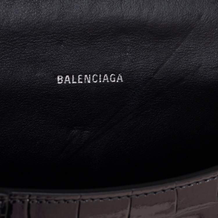Pre Owned Balenciaga Dark Grey Croc Embossed Mirrored Leather Small Hourglass Top Handle Bag