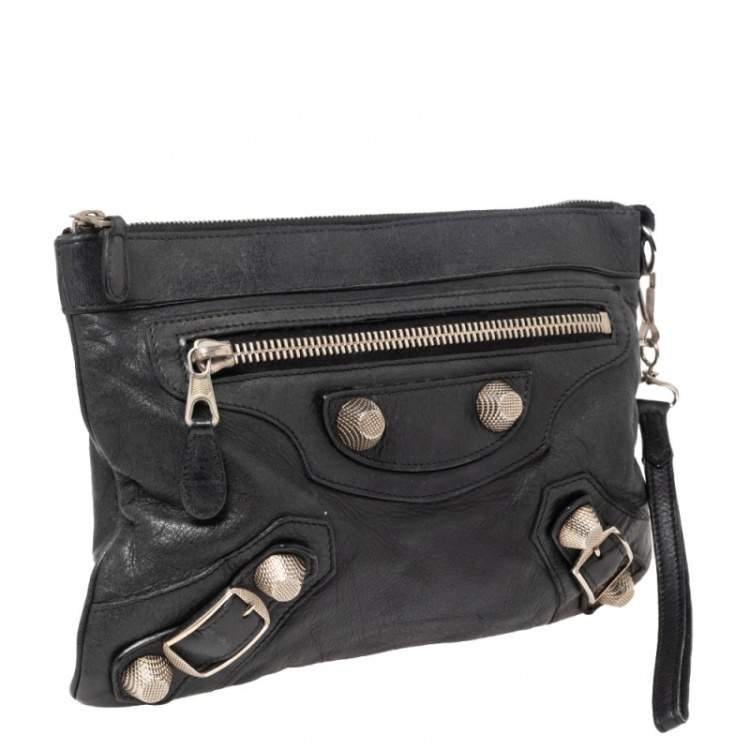Pre Owned Balenciaga Black Leather GSH Flat Wristlet Clutch