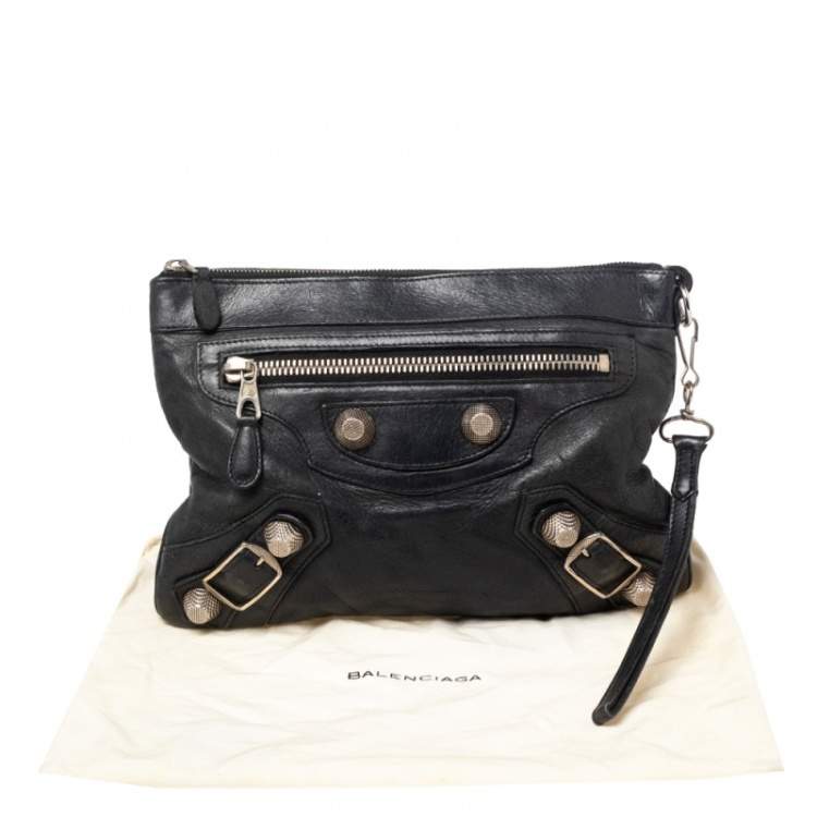 Pre Owned Balenciaga Black Leather GSH Flat Wristlet Clutch