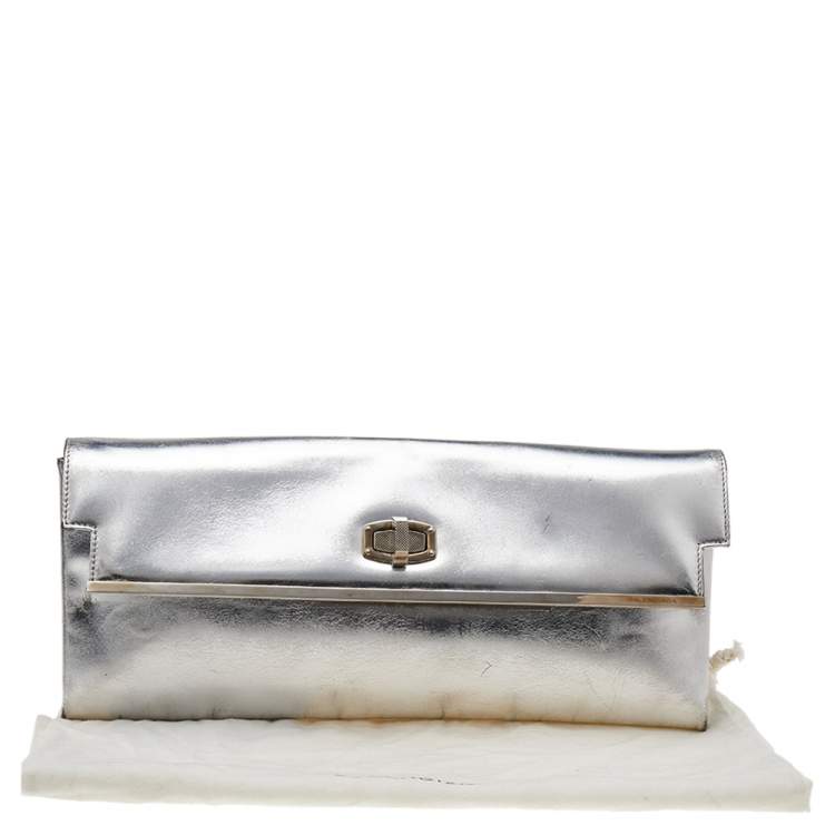 Pre Owned Balenciaga Metallic Silver Leather Turnlock Metal Flap Clutch