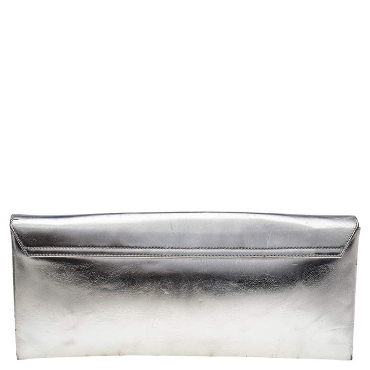 Pre Owned Balenciaga Metallic Silver Leather Turnlock Metal Flap Clutch