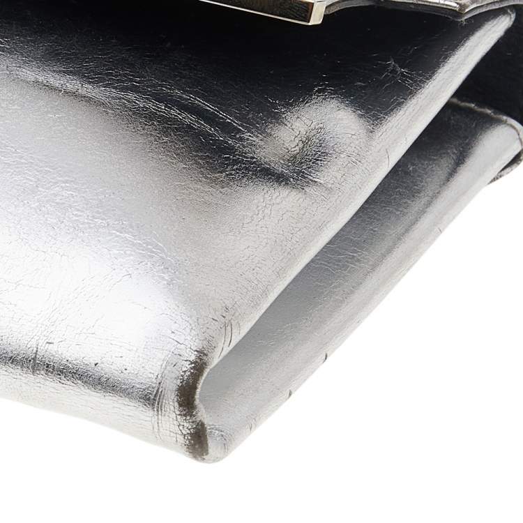 Pre Owned Balenciaga Metallic Silver Leather Turnlock Metal Flap Clutch