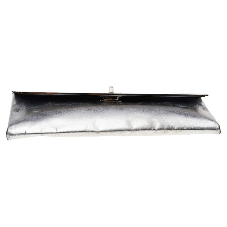 Pre Owned Balenciaga Metallic Silver Leather Turnlock Metal Flap Clutch