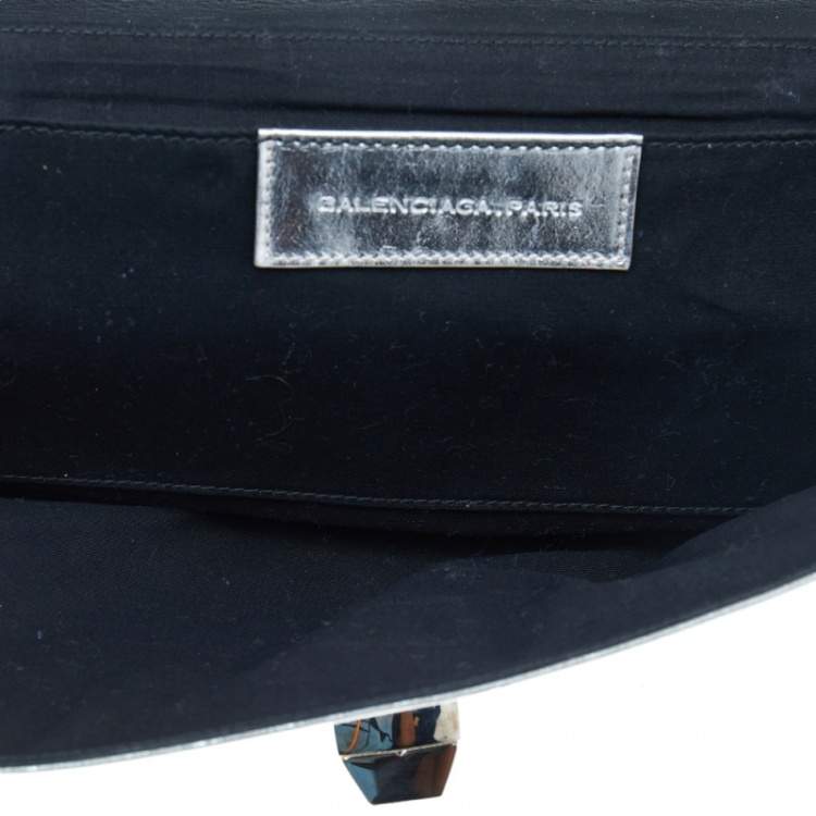 Pre Owned Balenciaga Metallic Silver Leather Turnlock Metal Flap Clutch