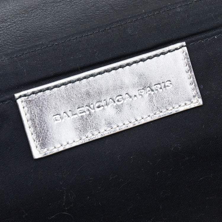 Pre Owned Balenciaga Metallic Silver Leather Turnlock Metal Flap Clutch
