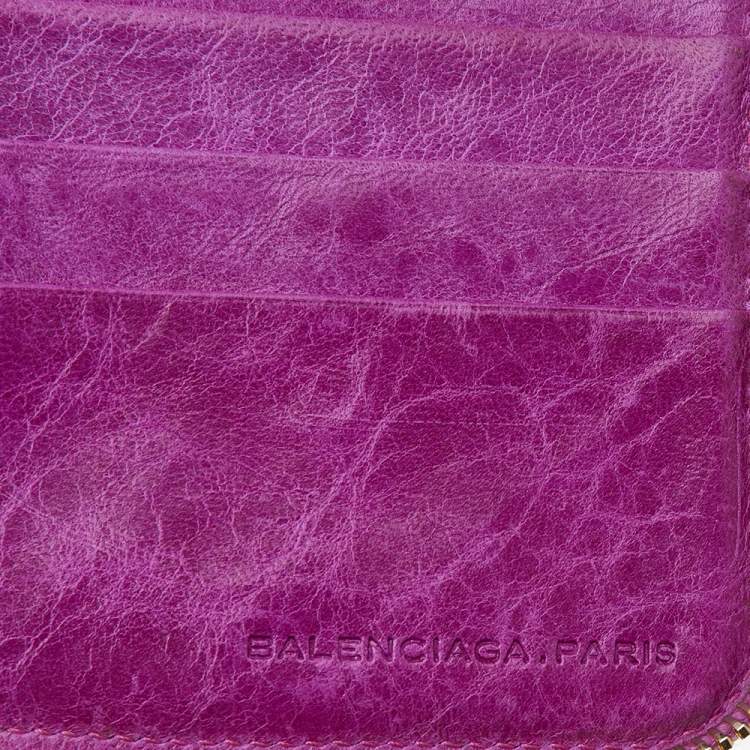 Pre Owned Balenciaga Magenta Chevre Leather Motocross Zip Around Compact Wallet