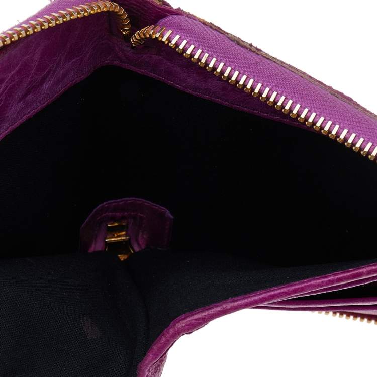 Pre Owned Balenciaga Magenta Chevre Leather Motocross Zip Around Compact Wallet