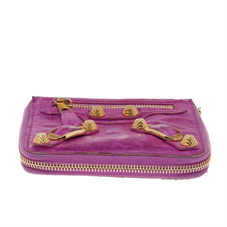 Pre Owned Balenciaga Magenta Chevre Leather Motocross Zip Around Compact Wallet