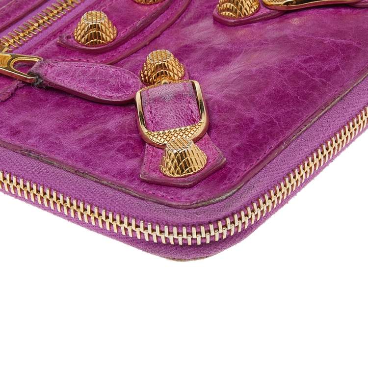 Pre Owned Balenciaga Magenta Chevre Leather Motocross Zip Around Compact Wallet