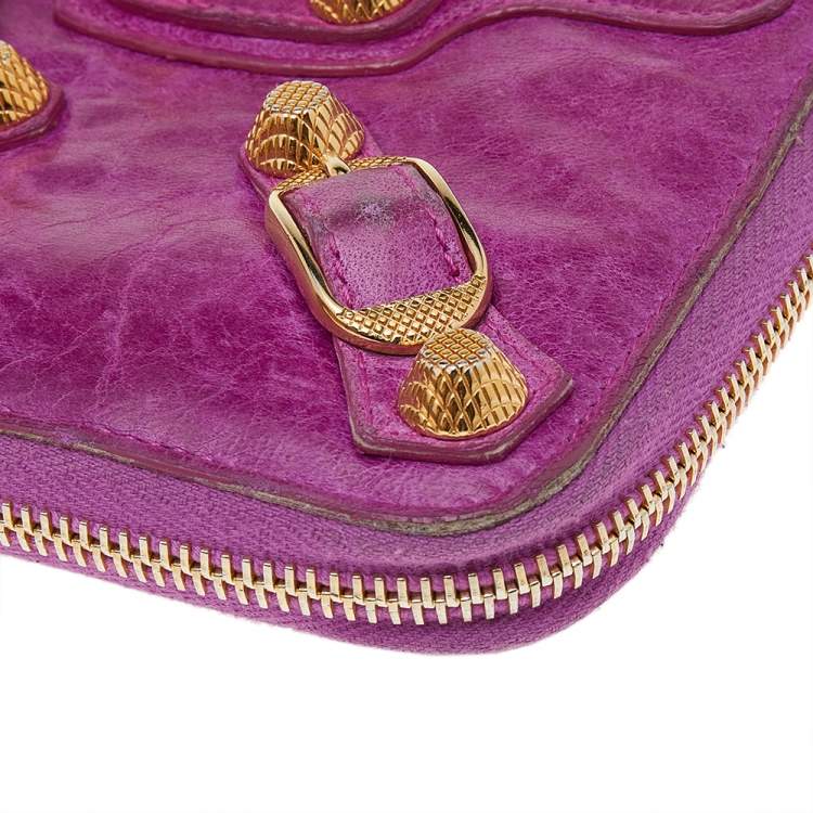 Pre Owned Balenciaga Magenta Chevre Leather Motocross Zip Around Compact Wallet
