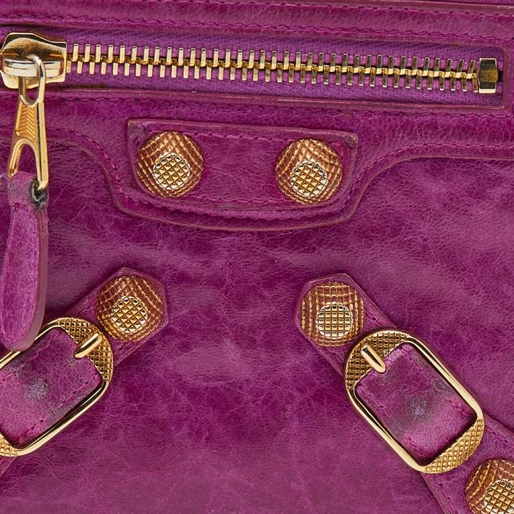 Pre Owned Balenciaga Magenta Chevre Leather Motocross Zip Around Compact Wallet