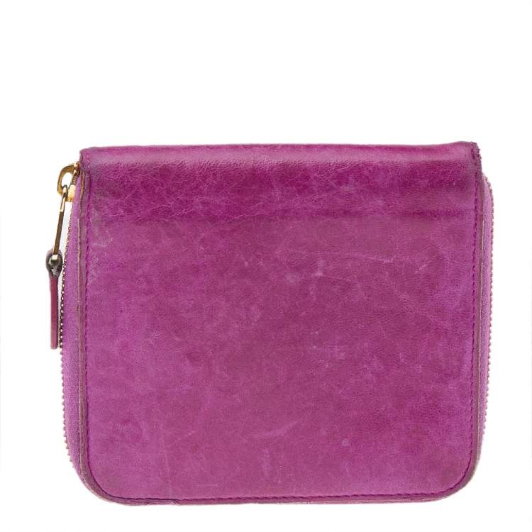 Pre Owned Balenciaga Magenta Chevre Leather Motocross Zip Around Compact Wallet