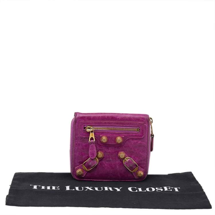 Pre Owned Balenciaga Magenta Chevre Leather Motocross Zip Around Compact Wallet