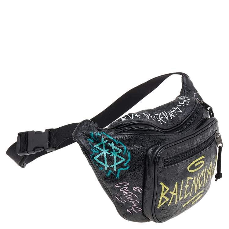Pre Owned Balenciaga Black Graffiti Print Leather Logo Belt Bag