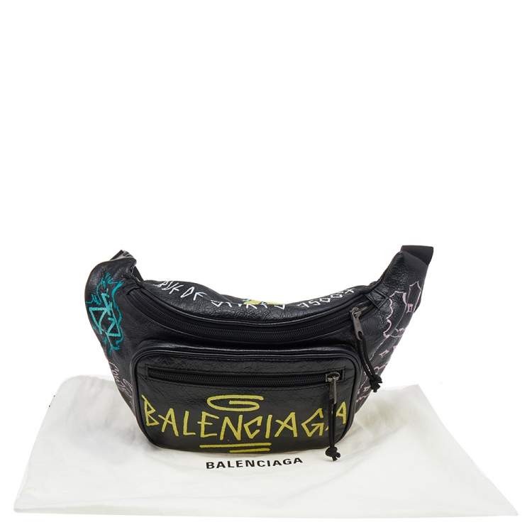 Pre Owned Balenciaga Black Graffiti Print Leather Logo Belt Bag