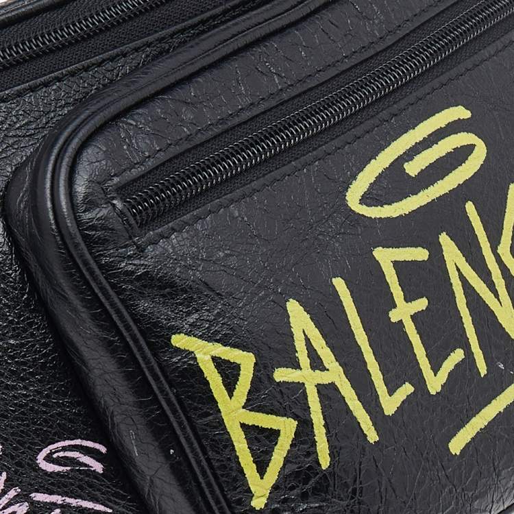 Pre Owned Balenciaga Black Graffiti Print Leather Logo Belt Bag