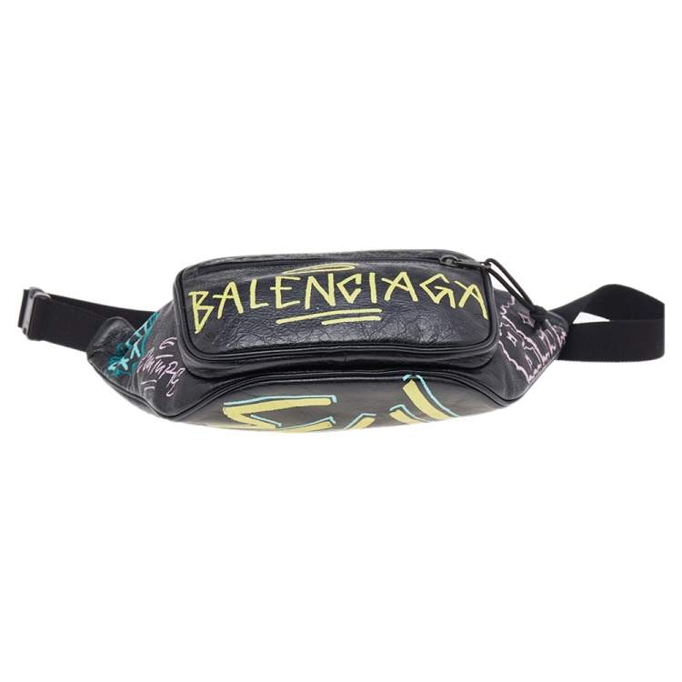 Pre Owned Balenciaga Black Graffiti Print Leather Logo Belt Bag