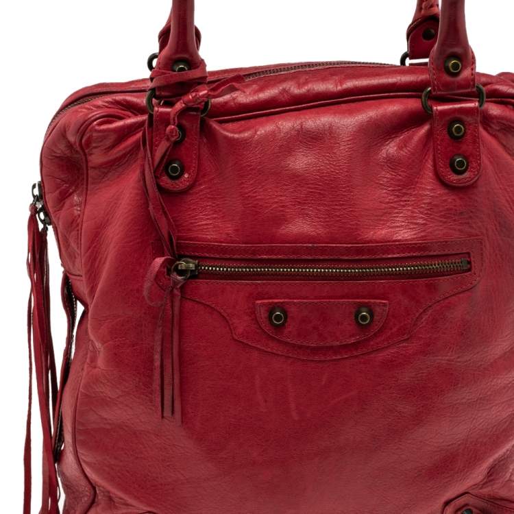 Pre Owned Balenciaga Red Leather Motocross Classic Bowling Bag