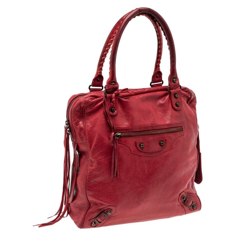 Pre Owned Balenciaga Red Leather Motocross Classic Bowling Bag