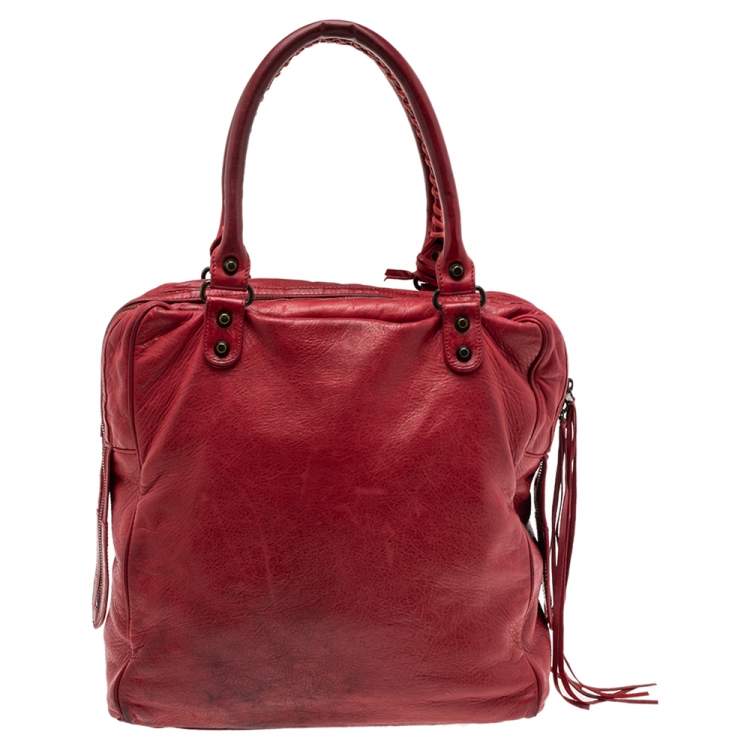 Pre Owned Balenciaga Red Leather Motocross Classic Bowling Bag