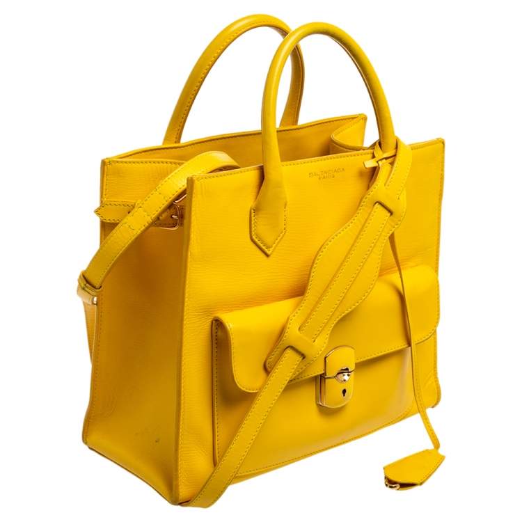 Pre Owned Balenciaga Yellow Leather Padlock All Afternoon Tote