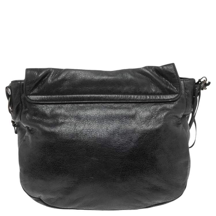 Pre Owned Balenciaga Black Leather Classic Arena Folk Messenger Bag