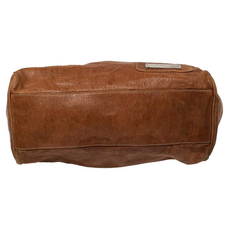 Pre Owned Balenciaga Brown Soft Leather Logo Plaque Satchel