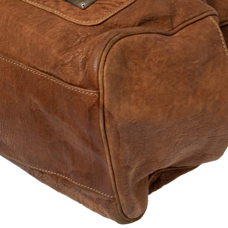 Pre Owned Balenciaga Brown Soft Leather Logo Plaque Satchel