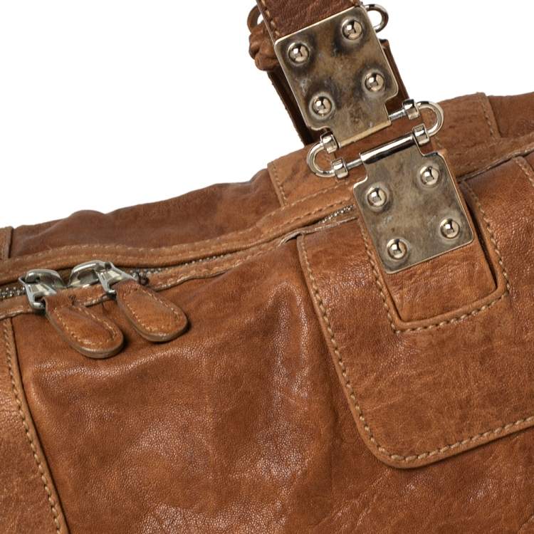 Pre Owned Balenciaga Brown Soft Leather Logo Plaque Satchel