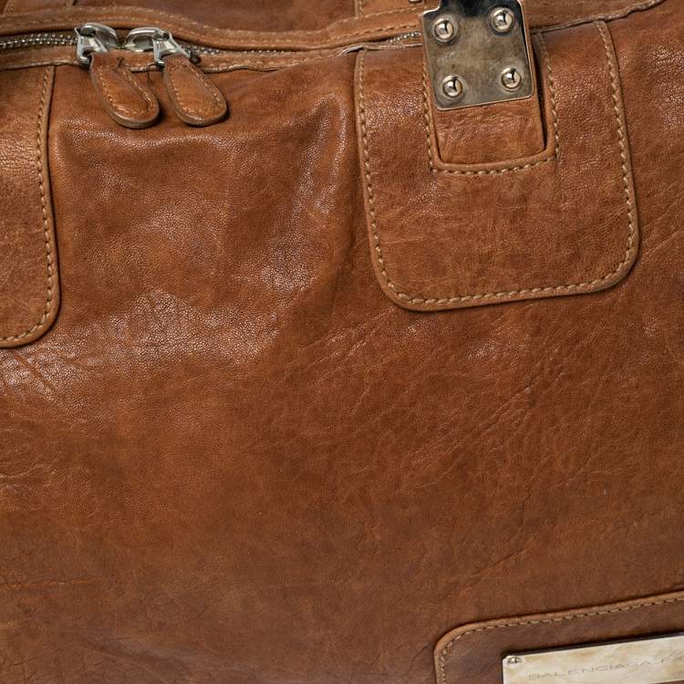 Pre Owned Balenciaga Brown Soft Leather Logo Plaque Satchel