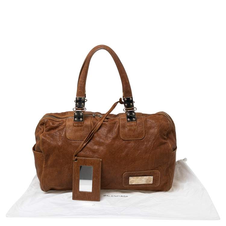 Pre Owned Balenciaga Brown Soft Leather Logo Plaque Satchel