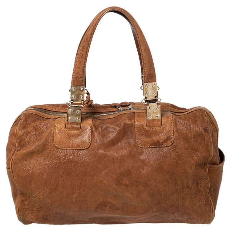 Pre Owned Balenciaga Brown Soft Leather Logo Plaque Satchel