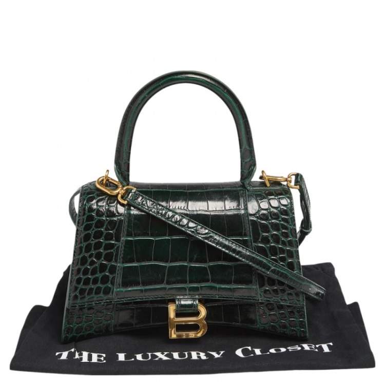 Pre Owned Balenciaga Green Croc Embossed Leather Hourglass Top Handle Bag