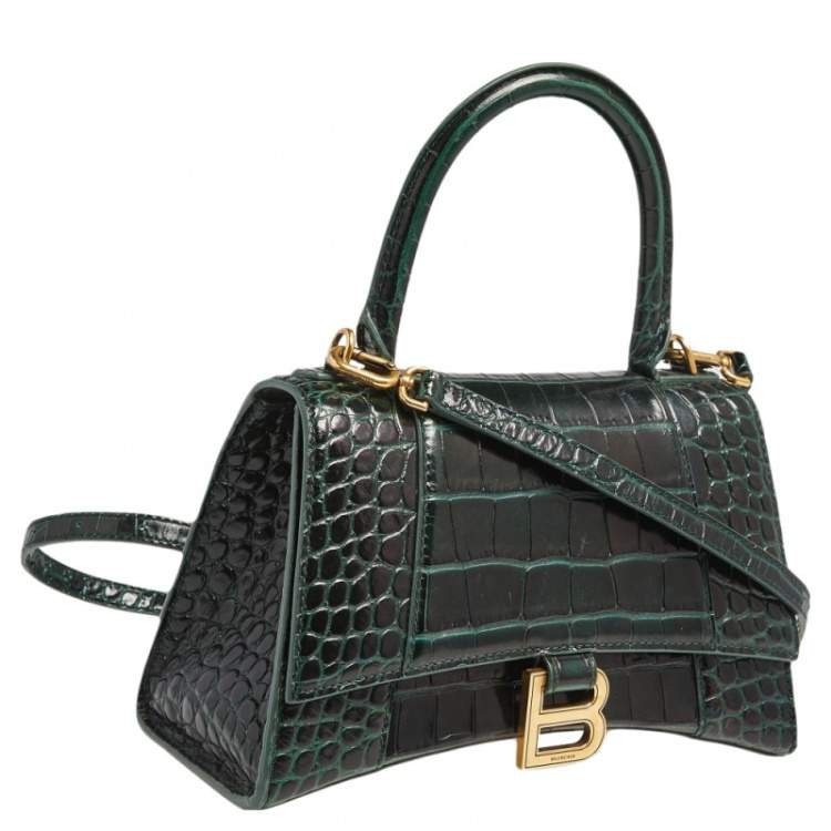 Pre Owned Balenciaga Green Croc Embossed Leather Hourglass Top Handle Bag
