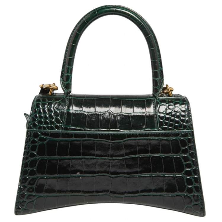Pre Owned Balenciaga Green Croc Embossed Leather Hourglass Top Handle Bag