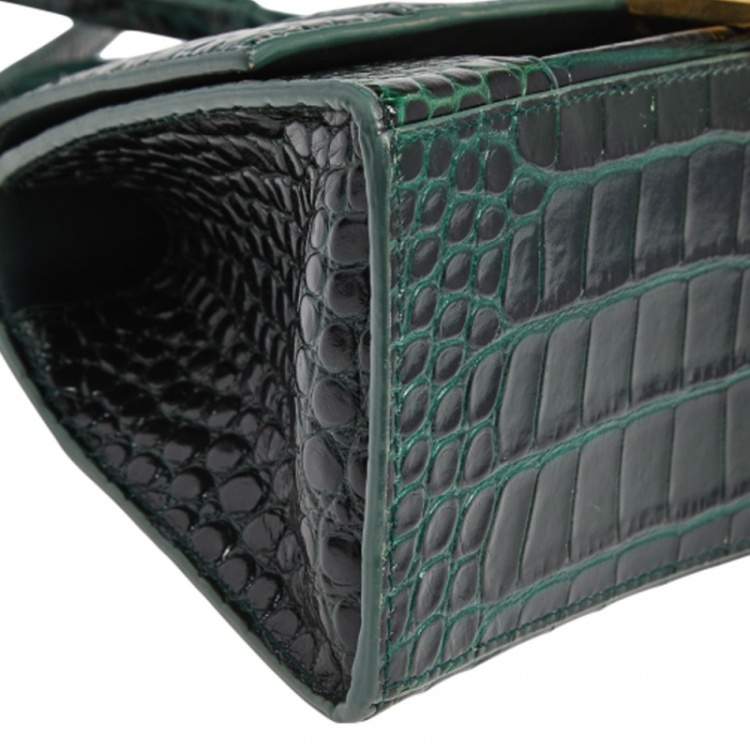 Pre Owned Balenciaga Green Croc Embossed Leather Hourglass Top Handle Bag
