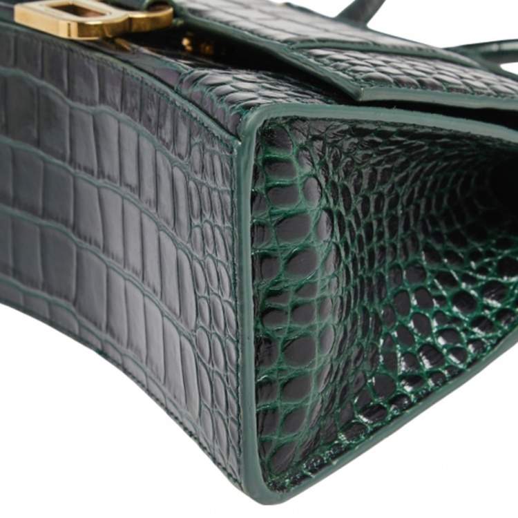 Pre Owned Balenciaga Green Croc Embossed Leather Hourglass Top Handle Bag